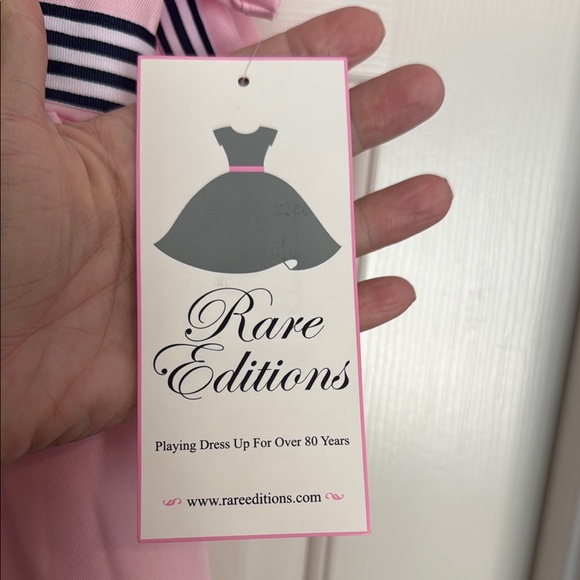 Rare Editions Pink Dress with Navy Striped Accents and Bow with matching hat - Picture 5 of 14